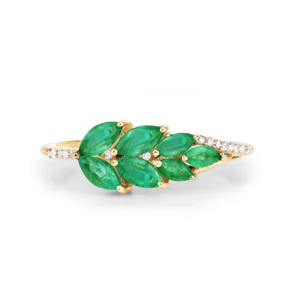 0.68 Ct Marquise Green Zambian Emerald and White Diamond Prong 14K Gold Cluster Ring