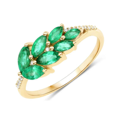 0.68 Ct Marquise Green Zambian Emerald and White Diamond Prong 14K Gold Cluster Ring