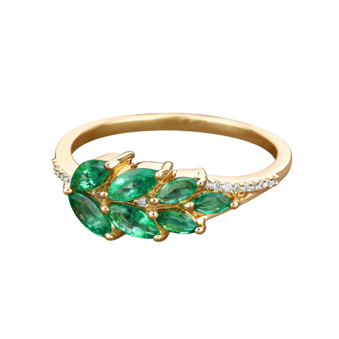 0.68 Ct Marquise Green Zambian Emerald and White Diamond Prong 14K Gold Cluster Ring
