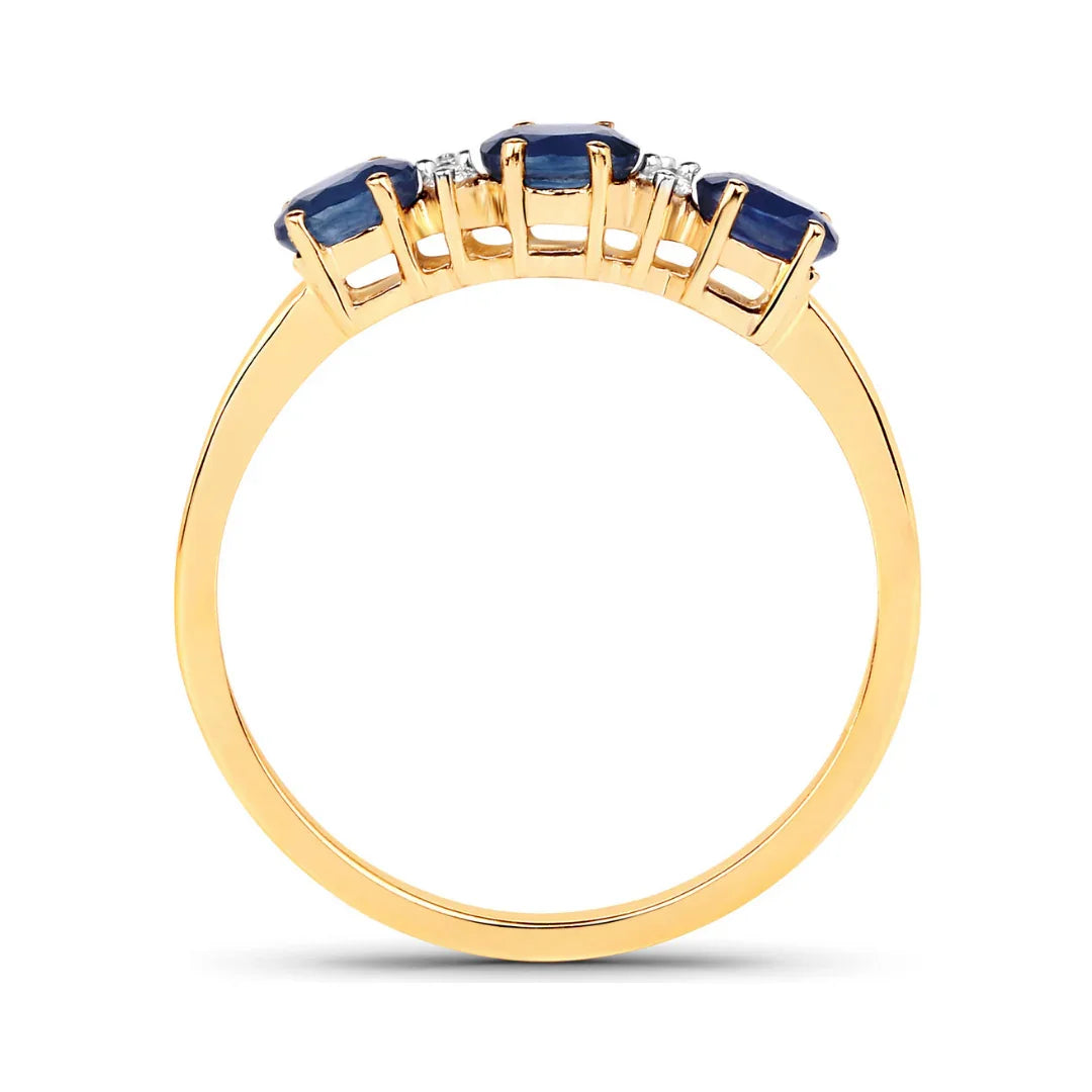 0.70 Ct Oval Blue Sapphire and White Diamond Prong 10k Gold Three Stone Ring