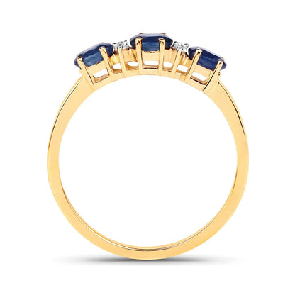 0.70 Ct Oval Blue Sapphire and White Diamond Prong 10k Gold Three Stone Ring