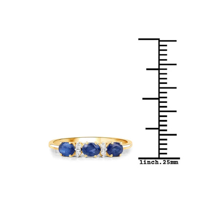 0.70 Ct Oval Blue Sapphire and White Diamond Prong 10k Gold Three Stone Ring