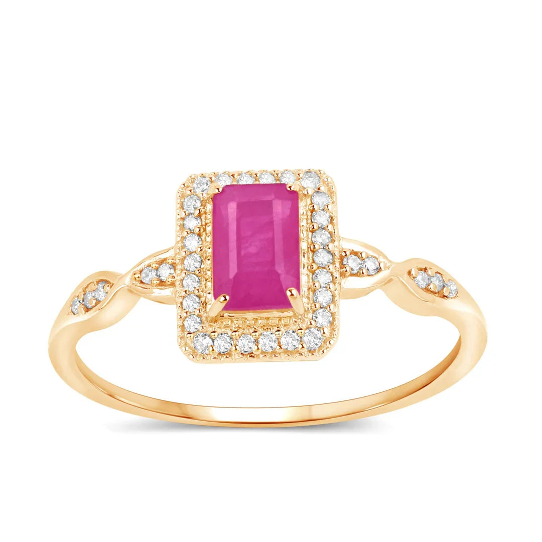 0.75 Ct Octagon Pink Ruby Diamond Prong 14K Yellow Gold Halo Ring
