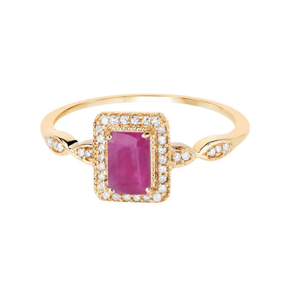 0.75 Ct Octagon Pink Ruby Diamond Prong 14K Yellow Gold Halo Ring