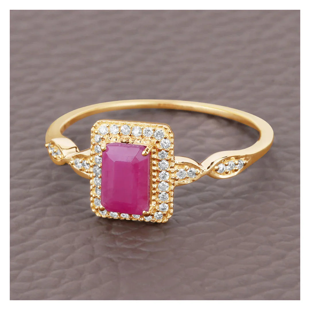 0.75 Ct Octagon Pink Ruby Diamond Prong 14K Yellow Gold Halo Ring