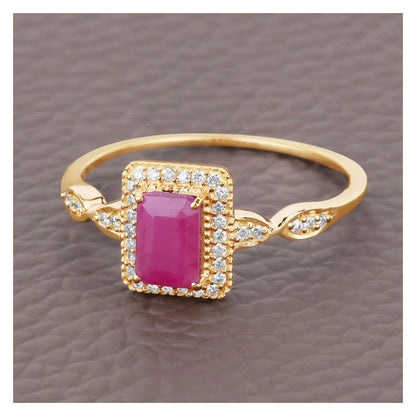 0.75 Ct Octagon Pink Ruby Diamond Prong 14K Yellow Gold Halo Ring