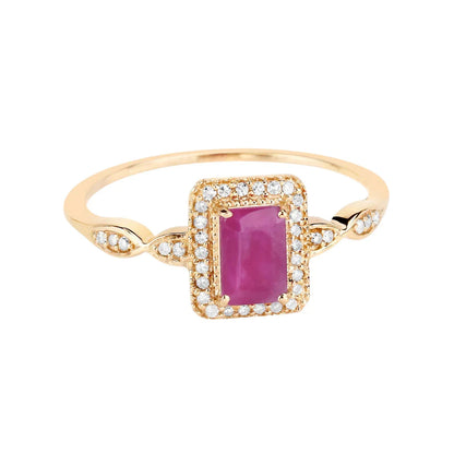 0.75 Ct Octagon Pink Ruby Diamond Prong 14K Yellow Gold Halo Ring