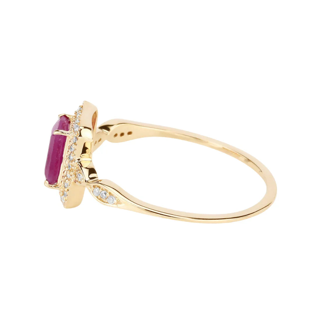 0.75 Ct Octagon Pink Ruby Diamond Prong 14K Yellow Gold Halo Ring