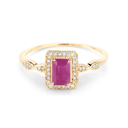 0.75 Ct Octagon Pink Ruby Diamond Prong 14K Yellow Gold Halo Ring