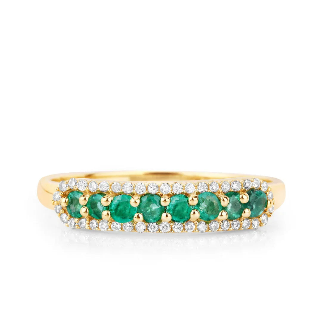 0.35 Ct Round Green Zambian Emerald and White Diamond Prong 14K Yellow Gold Pave Half Eternity Ring