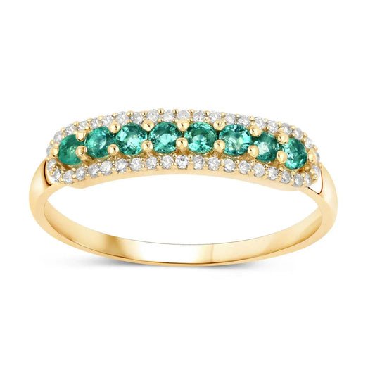 0.35 Ct Round Green Zambian Emerald and White Diamond Prong 14K Yellow Gold Pave Half Eternity Ring