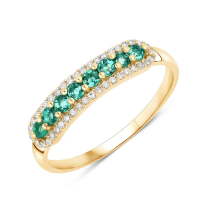 0.35 Ct Round Green Zambian Emerald and White Diamond Prong 14K Yellow Gold Pave Half Eternity Ring
