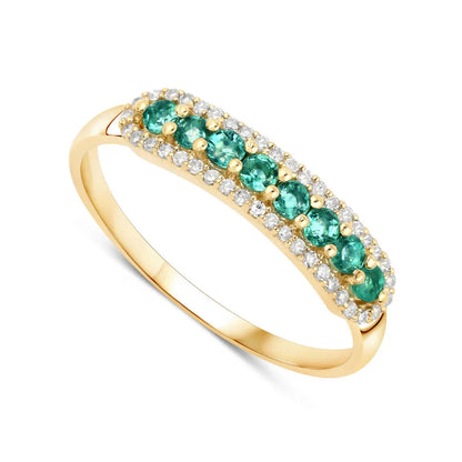 0.35 Ct Round Green Zambian Emerald and White Diamond Prong 14K Yellow Gold Pave Half Eternity Ring