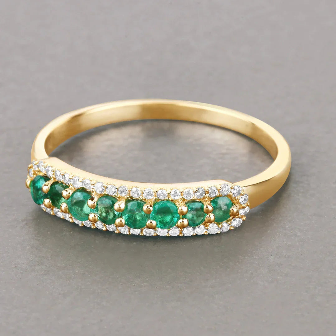 0.35 Ct Round Green Zambian Emerald and White Diamond Prong 14K Yellow Gold Pave Half Eternity Ring