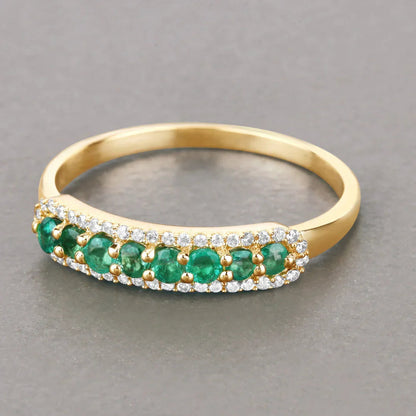 0.35 Ct Round Green Zambian Emerald and White Diamond Prong 14K Yellow Gold Pave Half Eternity Ring
