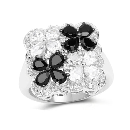 Black Spinel White Topaz Floral Ring