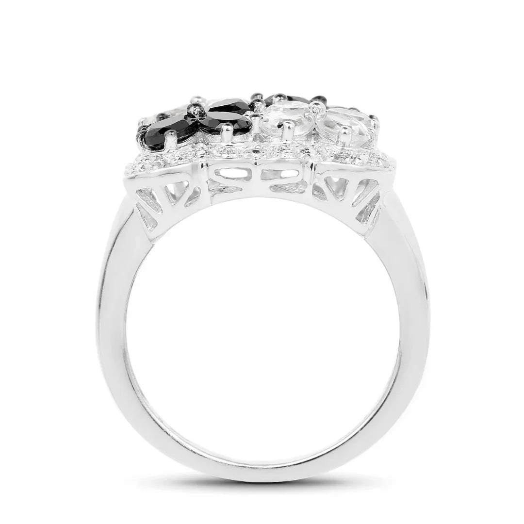 Black Spinel White Topaz Floral Ring