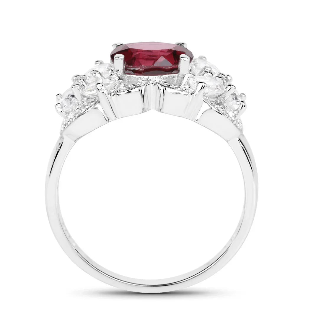 3.16 Ct Oval Red Rhodolite Garnet and White Zircon Prong Silver Cocktail Ring