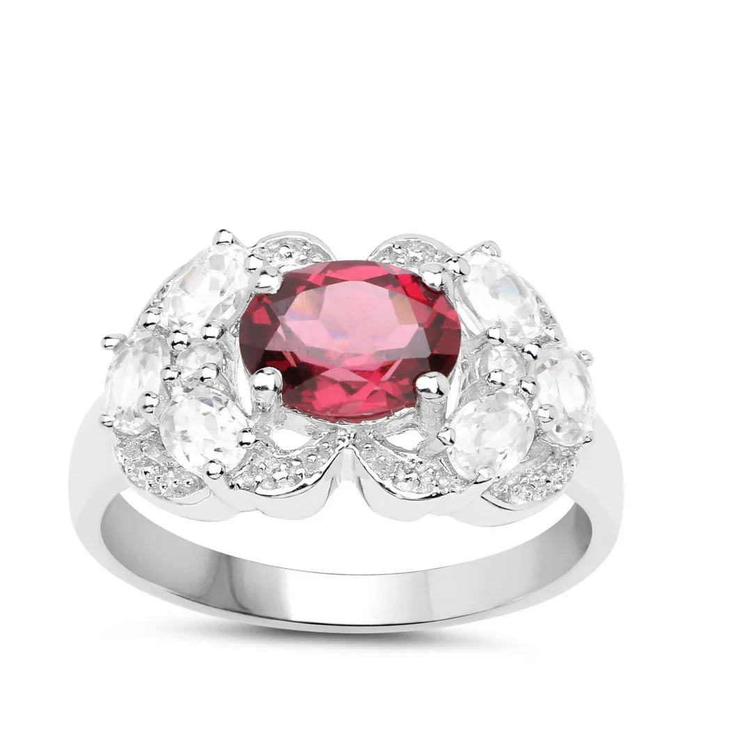 3.16 Ct Oval Red Rhodolite Garnet and White Zircon Prong Silver Cocktail Ring