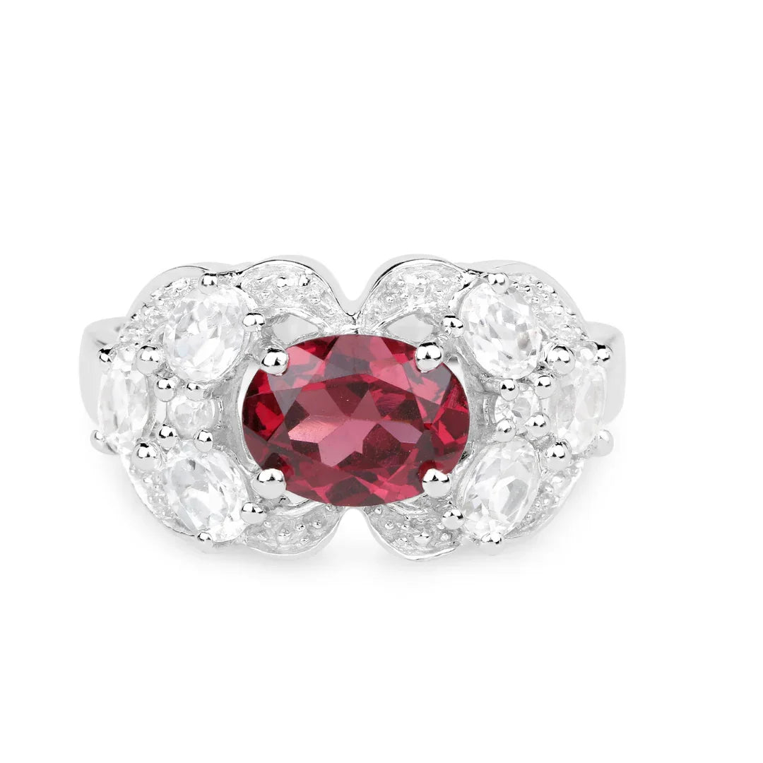 3.16 Ct Oval Red Rhodolite Garnet and White Zircon Prong Silver Cocktail Ring