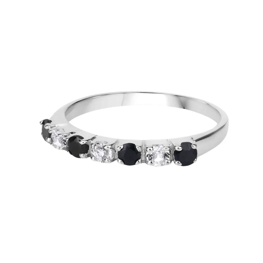 0.56 Ct Round Black Sapphire and White Topaz Prong Silver Half Eternity Ring