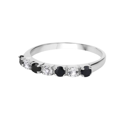 0.56 Ct Round Black Sapphire and White Topaz Prong Silver Half Eternity Ring