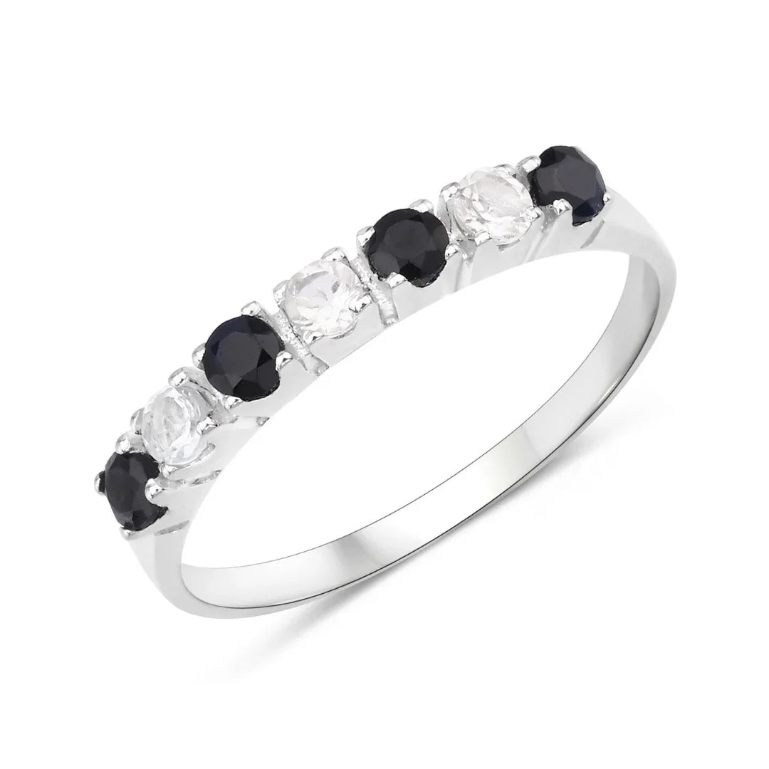 0.56 Ct Round Black Sapphire and White Topaz Prong Silver Half Eternity Ring