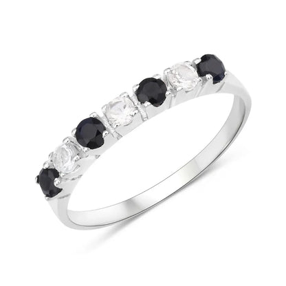0.56 Ct Round Black Sapphire and White Topaz Prong Silver Half Eternity Ring