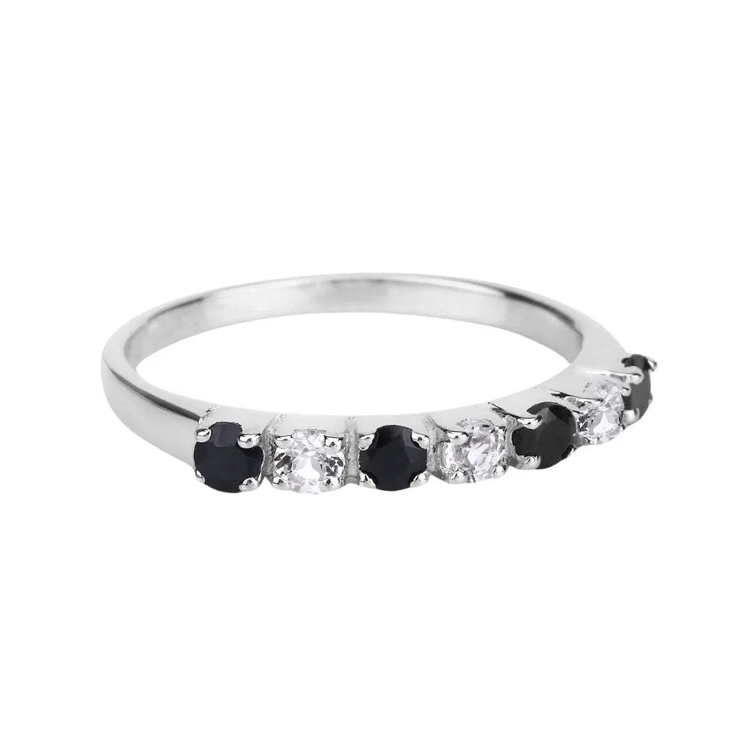 0.56 Ct Round Black Sapphire and White Topaz Prong Silver Half Eternity Ring