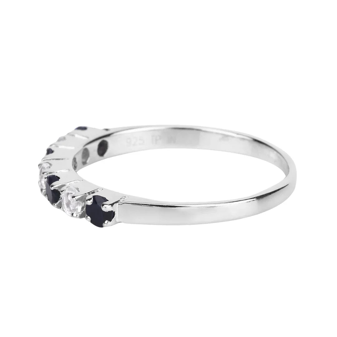 0.56 Ct Round Black Sapphire and White Topaz Prong Silver Half Eternity Ring
