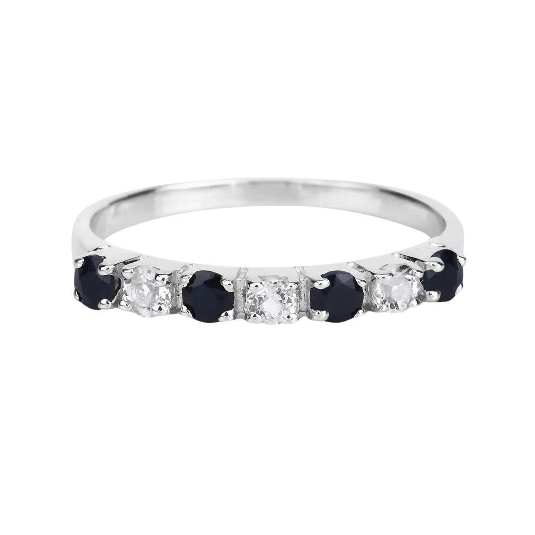 0.56 Ct Round Black Sapphire and White Topaz Prong Silver Half Eternity Ring