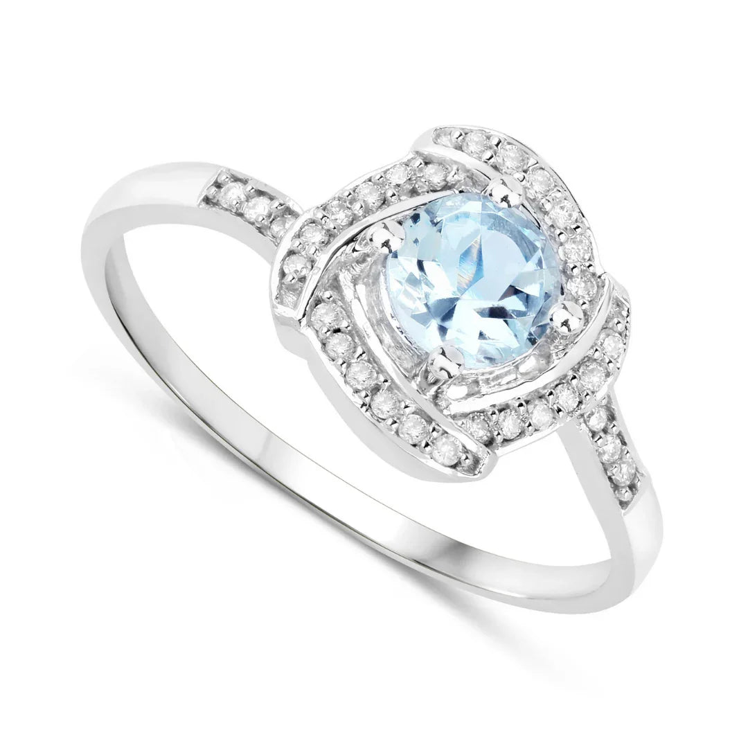 14K Gold Aquamarine Diamond Halo Pave Ring