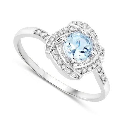 14K Gold Aquamarine Diamond Halo Pave Ring
