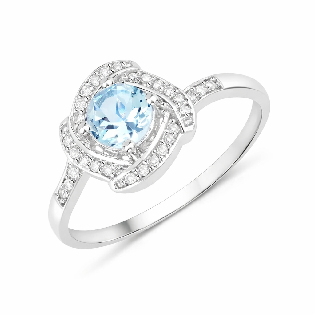 14K Gold Aquamarine Diamond Halo Pave Ring