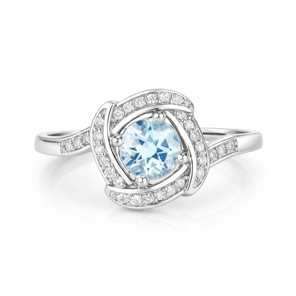 14K Gold Aquamarine Diamond Halo Pave Ring