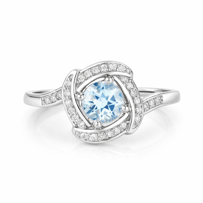 14K Gold Aquamarine Diamond Halo Pave Ring