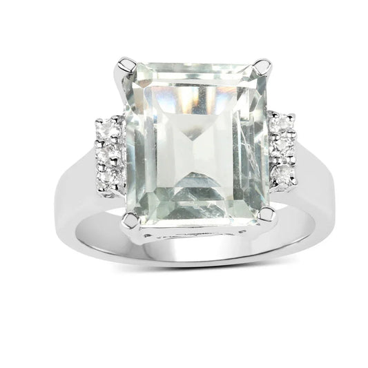 5.54 Ct Octagon Green Amethyst and White Topaz Prong Silver Bold Statement Ring