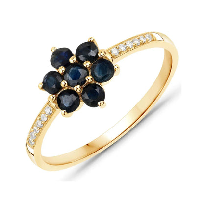 0.60 Ct Round Blue Sapphire and White Diamond Prong 10K Gold Floral Pave Ring