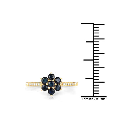 0.60 Ct Round Blue Sapphire and White Diamond Prong 10K Gold Floral Pave Ring