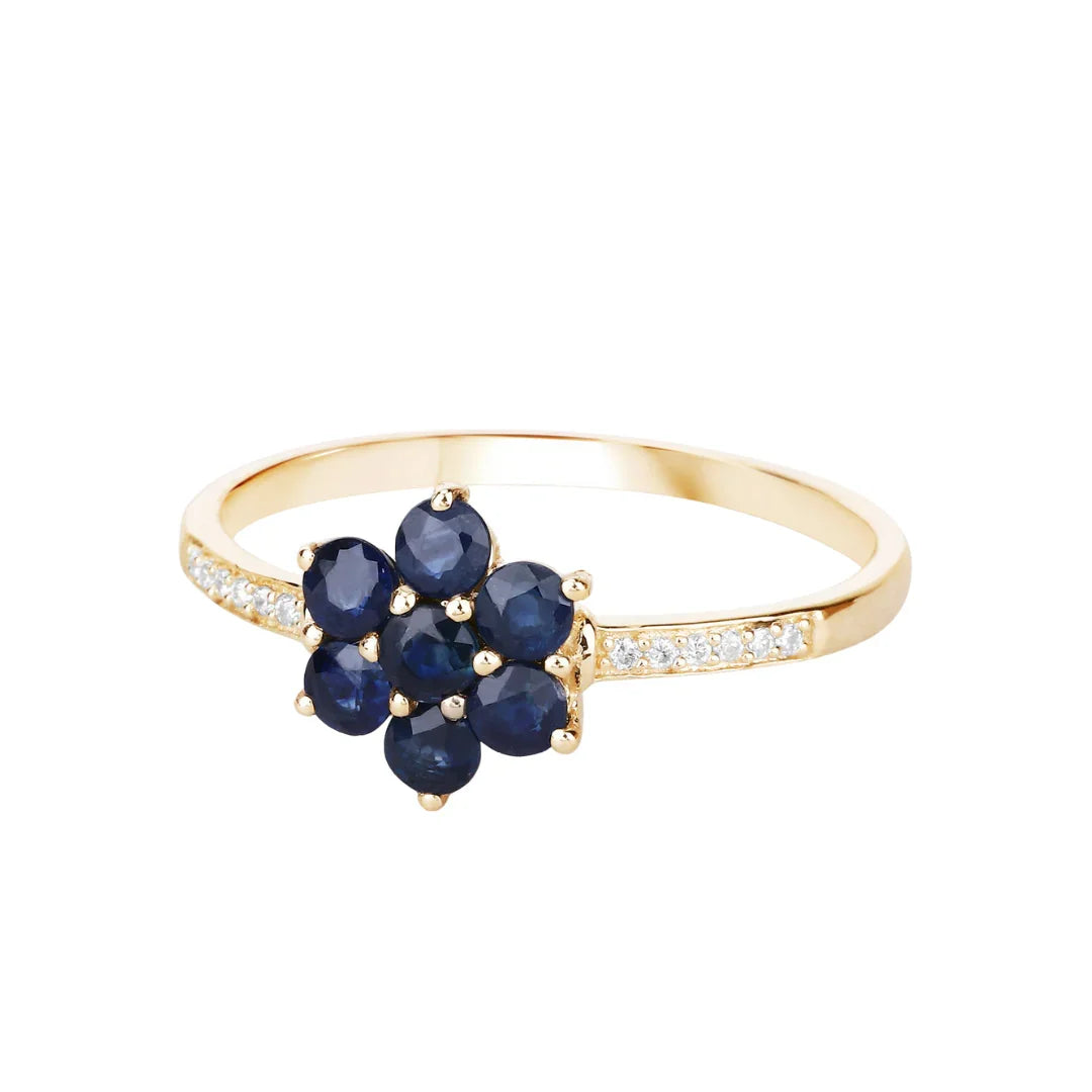 0.60 Ct Round Blue Sapphire and White Diamond Prong 10K Gold Floral Pave Ring