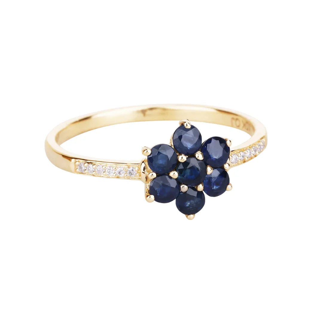 0.60 Ct Round Blue Sapphire and White Diamond Prong 10K Gold Floral Pave Ring