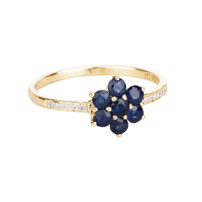 0.60 Ct Round Blue Sapphire and White Diamond Prong 10K Gold Floral Pave Ring