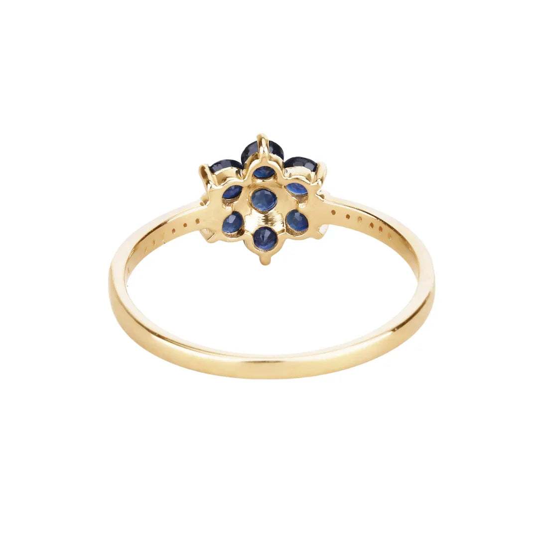 0.60 Ct Round Blue Sapphire and White Diamond Prong 10K Gold Floral Pave Ring