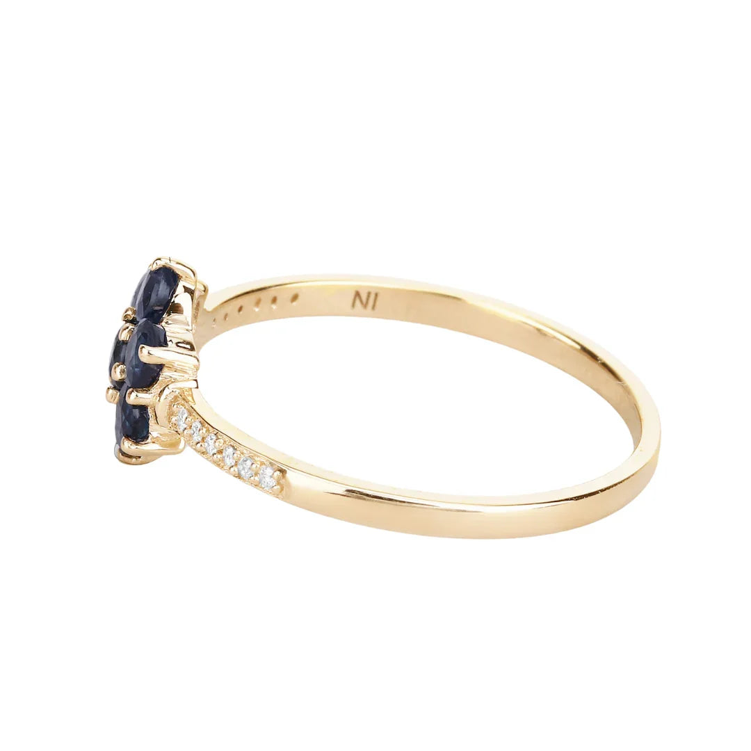 0.60 Ct Round Blue Sapphire and White Diamond Prong 10K Gold Floral Pave Ring