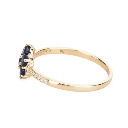 0.60 Ct Round Blue Sapphire and White Diamond Prong 10K Gold Floral Pave Ring