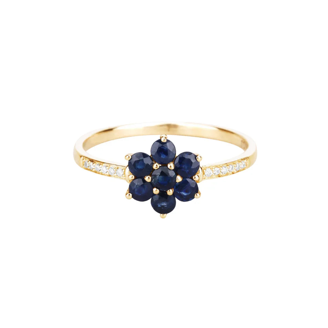 0.60 Ct Round Blue Sapphire and White Diamond Prong 10K Gold Floral Pave Ring