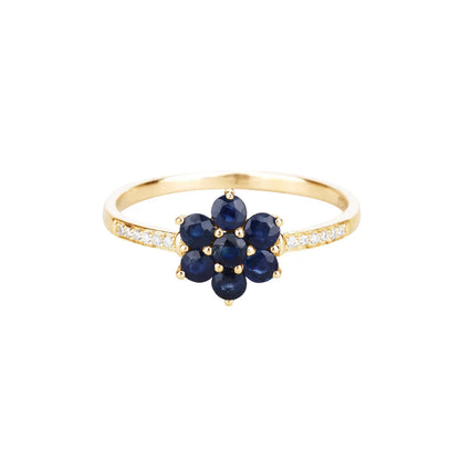 0.60 Ct Round Blue Sapphire and White Diamond Prong 10K Gold Floral Pave Ring