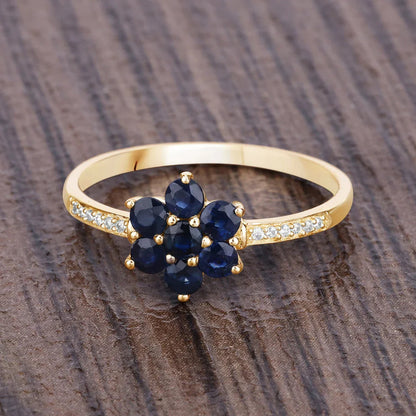 0.60 Ct Round Blue Sapphire and White Diamond Prong 10K Gold Floral Pave Ring