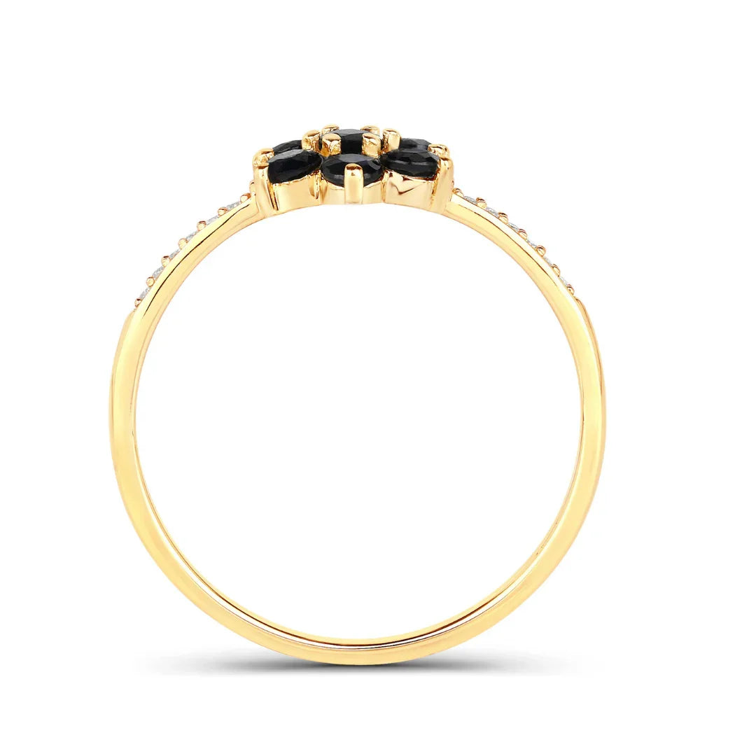 0.60 Ct Round Blue Sapphire and White Diamond Prong 10K Gold Floral Pave Ring