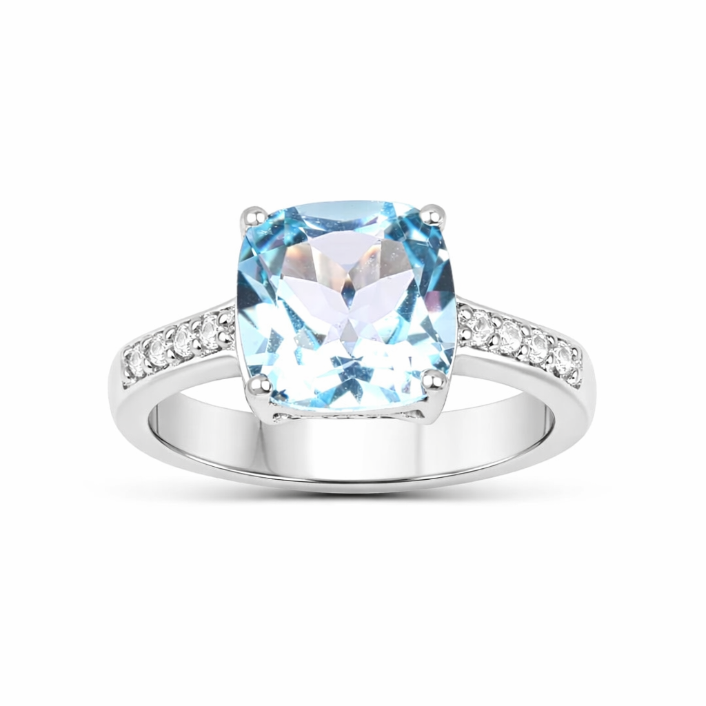 Natural Blue Topaz Solitaire Pave Ring